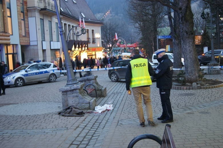 Luty 2014 r. Wypadek z udziałem koni na zakopiańskich Krupówkach. To w ten betonowy kosz uderza głową woźnica, którego konie zaczęły uciekać w dół deptaka