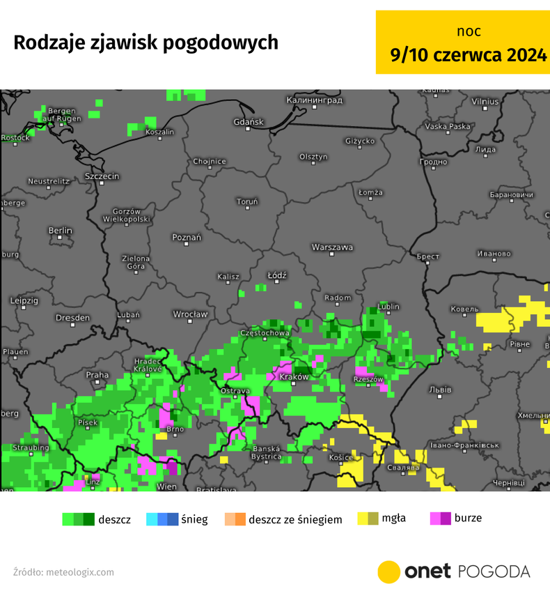 W nocy z południa nasunie się kolejna strefa opadów i burz