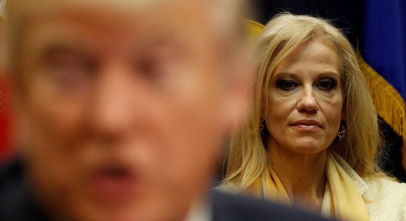 Kellyanne Conway, Trump's former campaign manager and former senior advisor, is urging Trump to stop focusing on Kamala Harris's identity. REUTERS/Kevin Lamarque