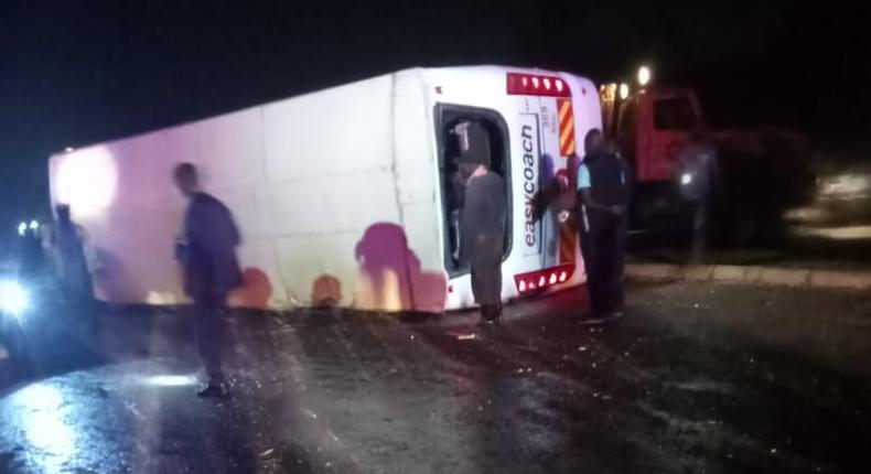 Overturned Easy Coach bus in Kisumu-Kakamega Highway