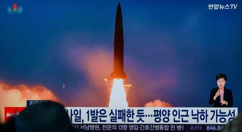 A Yonhapnews TV broadcast at a railway station in Seoul showing a news broadcast with file footage of a North Korean missile launch after new missile tests in July, 2024.SOPA Images via Getty Images
