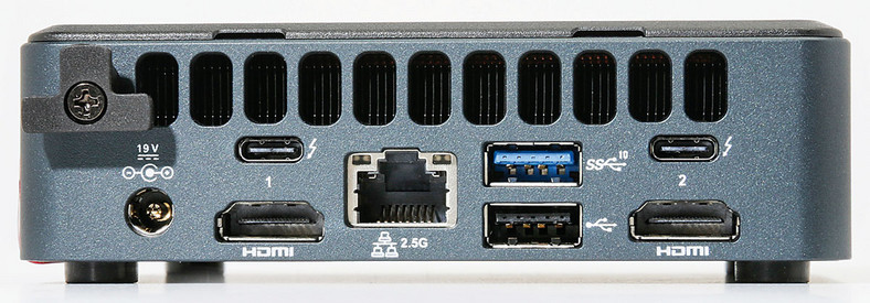 Łącza na panelu tylnym: zewnętrzny zasilacz, USB-C, sieć, USB 3.2, USB-C, HDMI, USB 2.0 oraz HDMI