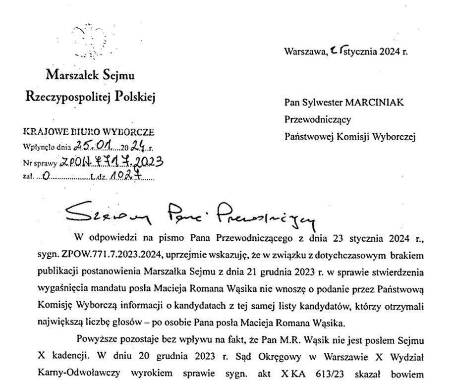 Pismo marszałka Sejmu w sprawie Macieja Wąsika