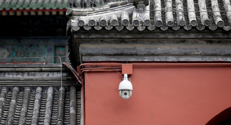 A Hikvision surveillance camera in downtown Beijing.
