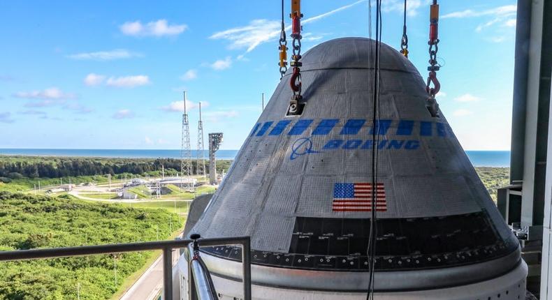 Boeing's Starliner spacecraft is stacked atop an Atlas V rocket at Space Launch Complex 41 at Cape Canaveral Space Force Station in Florida on July 17, 2021.
