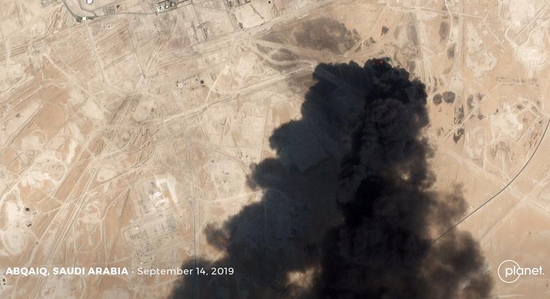 A satellite image shows an apparent drone strike on an Aramco oil facility in Abqaiq, Saudi Arabia September 14, 2019. Planet Labs Inc/Handout via REUTERS