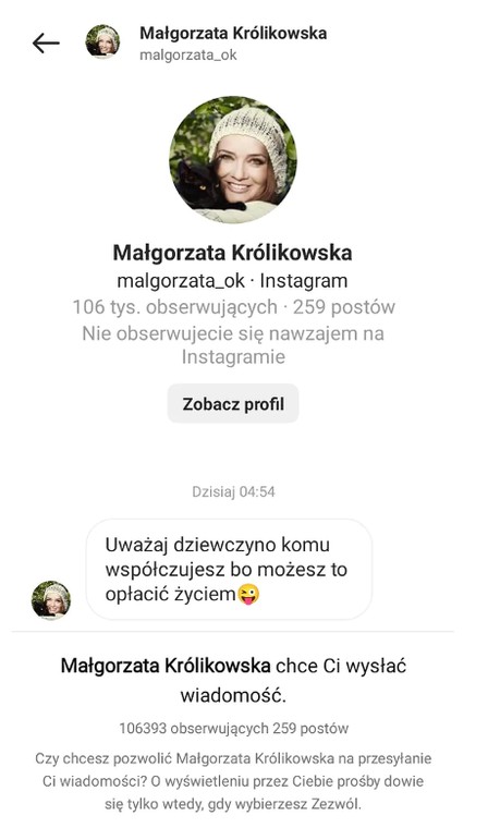 Screen prywatnej wiadomości Małgorzaty Ostrowskiej-Królikowskiej wysłany do internautki.