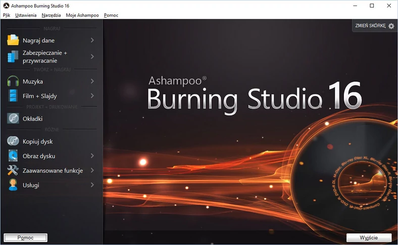 Główne okno programu do nagrywania płyt CD, DVD i Blu-ray - Ashampoo Burning Studio 16
