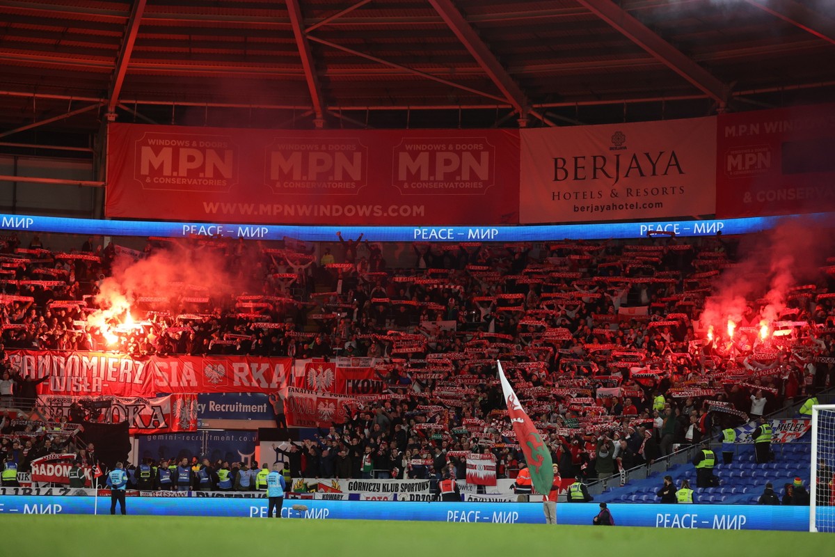 Kibice piłkarskiej reprezentacji Polski na trybunach stadionu w Cardiff. Podczas meczu doszło do skandalu.