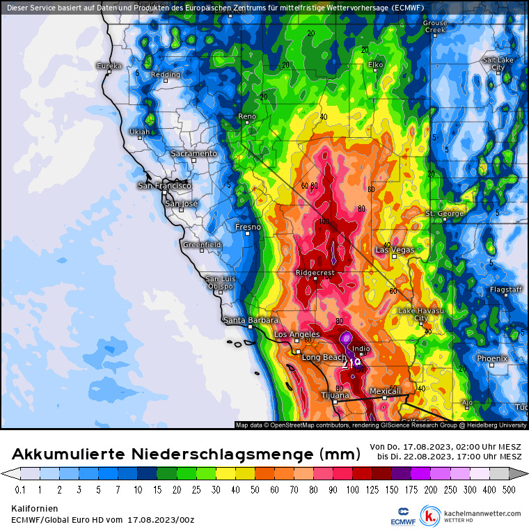Przewidywana suma opadów w Kalifornii do wtorku