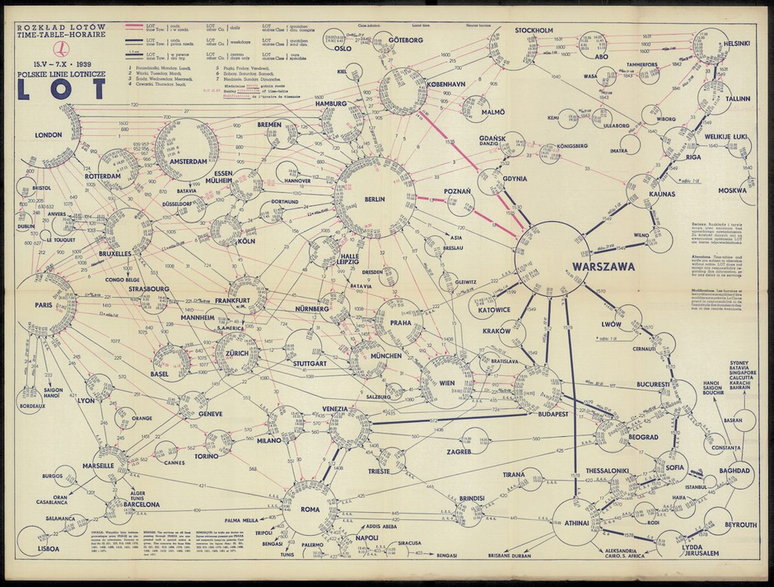 Ostatnia siatka połączeń LOT-u z 1939 r Pogrubione linie oznaczają trasy obsługiwane przez LOT