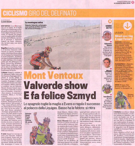 Triumf Sylwestra Szmyda na Mont Ventoux opisany w “La Gazzetta dello Sport”, źr. sylwesterszmyd.pl