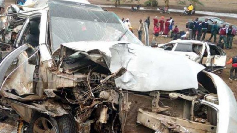 A file photo of a car wreckage in an accident. 5 dead after two 14-seater matatus collide head-on along Embu-Meru highway