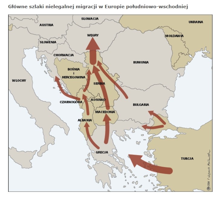 Główne szlaki nielegalnej migracji w Europie południowo-wschodniej. Źrodło: OSW