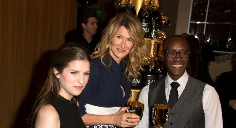 (L-R) Actors Anna Kendrick, Laura Dern and Don Cheadle attend the at The 74th Annual Golden Globe Awards Nominations at The Beverly Hilton Hotel, in Beverly Hills, California, on December 12, 2016