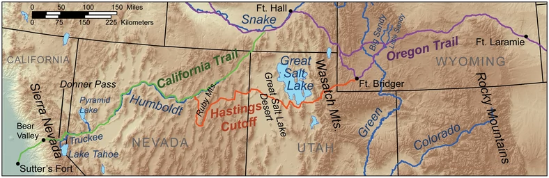 Mapa tras podjętych przez członków Wyprawy Donnera, przedstawiająca w kolorze pomarańczowym "Skrót Hastingsa" – który dodał do ich podróży 240 km. Szlak oregoński - fioletowy, Szlak kalifornijski - zielony