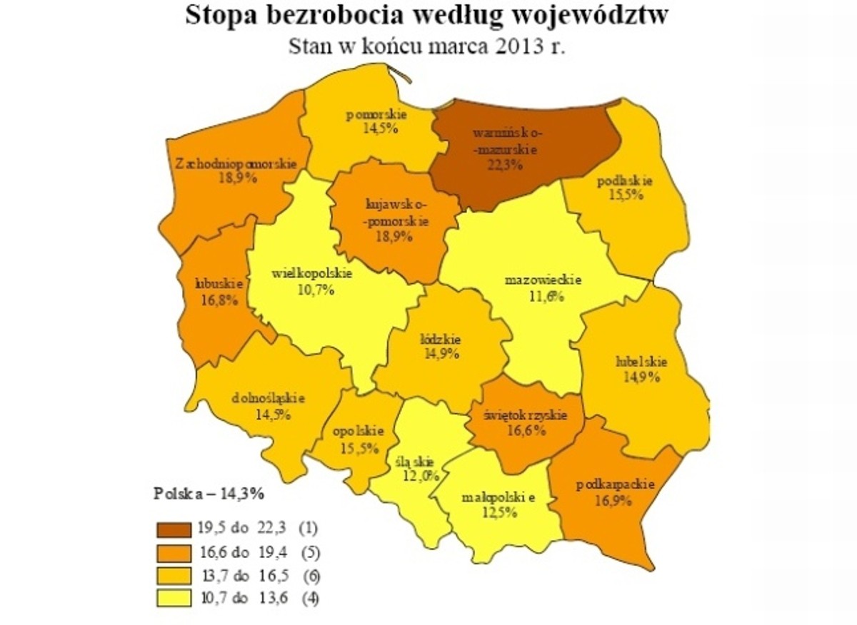 Stopa bezrobocia według województw. Stan w końcu marca 2013 r., źródło: GUS
