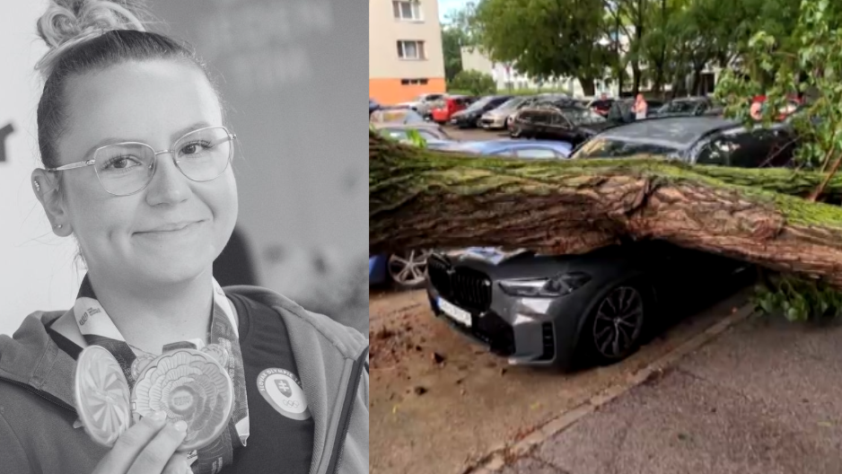 Slovenská reprezentantka v lukostreľbe Denisa Baránková a spadnutý strom na aute SUV.
