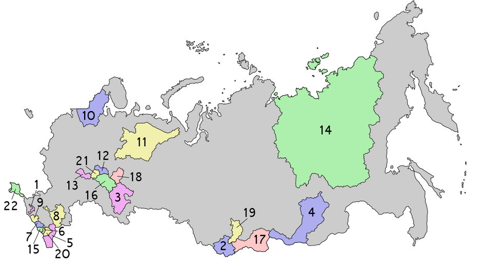 Mapa Federacji Rosyjskiej z wyszczególnieniem 21 republik i Krymu