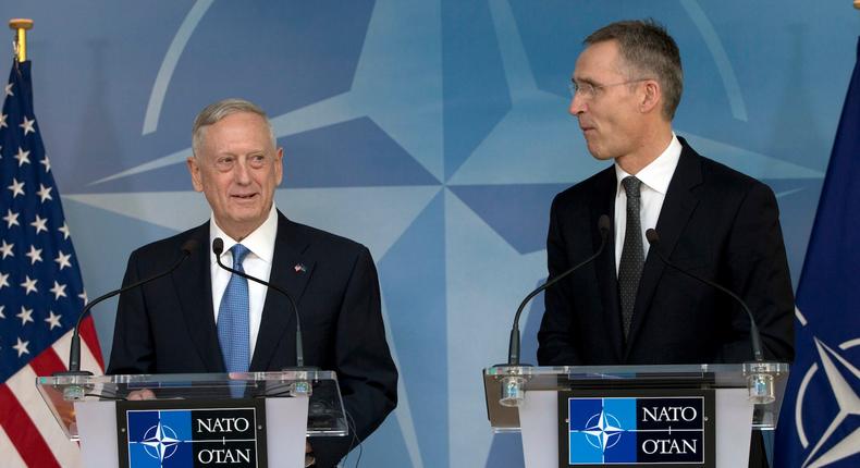 NATO Secretary-General Jens Stoltenberg, right, with US Secretary of Defense Jim Mattis before a press conference at the NATO headquarters in Brussels on Wednesday.