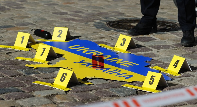 Ukrainian map seen during street action 'Who will punish the criminal?' in Lviv, Ukraine.Mykola Tys/SOPA Images/LightRocket via Getty Images