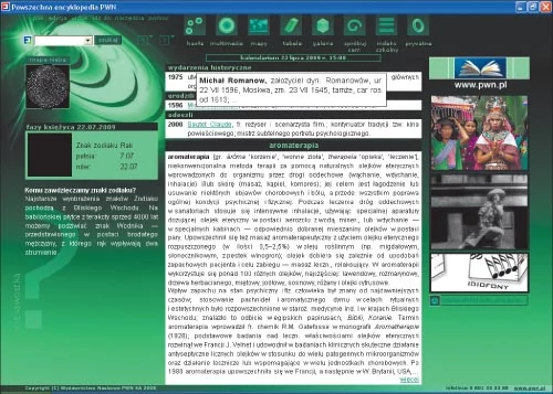Po uruchomieniu Encyklopedii na ekranie widzimy kalendarium zdarzeń przypadających na dany dzień. Wadą jest zbyt duża ilość tekstu kalendarium, który trudno przeczytać przy takim układzie ekranu. Z drugiej strony, hipertekstowa struktura pozwala łatwo podążać za interesującymi wątkami - po najechaniu myszą na odsyłacz w dymku pojawia sie skrót powiązanego hasła.