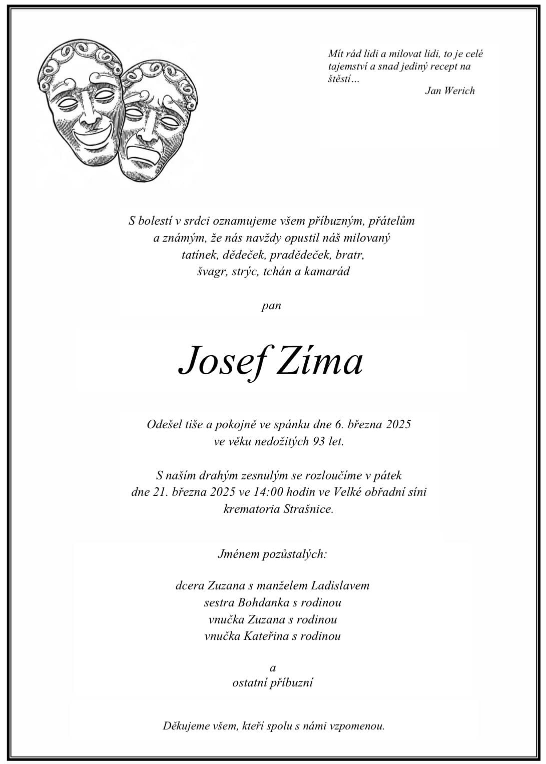 Josef Zíma zomrel 6. marca. Jeho manažérka zverejnila parte. 