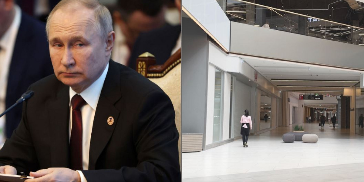 Władimir Putin i opustoszałe centrum handlowe w Moskwie (zdj. z maja 2022 r.)