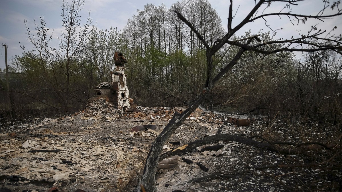 The remains of a burnt house are seen in the village of Lubyanka in Chernobyl area, northern Ukraine