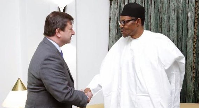 President Muhammadu Buhari meets with British High Commissioner to Nigeria, Paul Arkwright on April 29, 2016 in Abuja