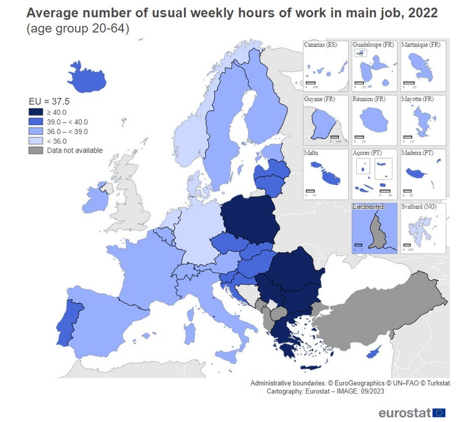 Średnia liczba godzin pracy w tygodniu w głównym miejscu pracy. Dane za 2022 r. 