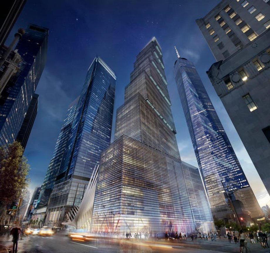 Najnowsza wizualizacja World Trade Center 2 (w środku), która ma być wieżą o największej powierzchni ze wszystkich budynków kompleksu WTC. Do dzisiaj żaden najemca nie podpisał jeszcze umowy