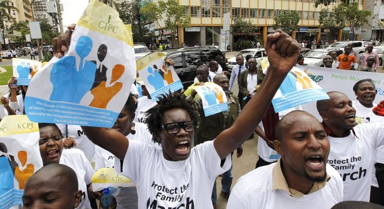 Members of the anti-gay caucus chant slogans against the lesbian, gay, bisexual, and transgender (LGBT) community as they march along the streets in Kenya's capital Nairobi July 6, 2015. REUTERS/Thomas Mukoya