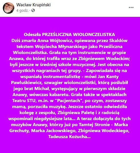 Screen wpisu Wacława Krupińskiego