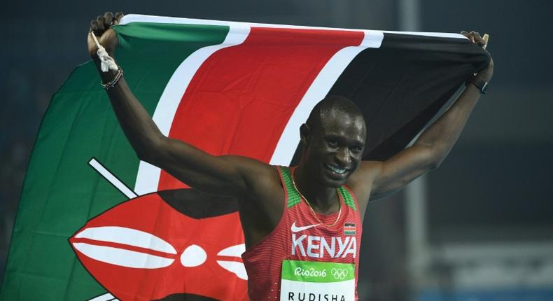 Kenya's David Rudisha, in a file image, celebrates his victory in the men's 800m final during the athletics event at the Rio 2016 Olympic Games at the Olympic Stadium in Rio de Janeiro