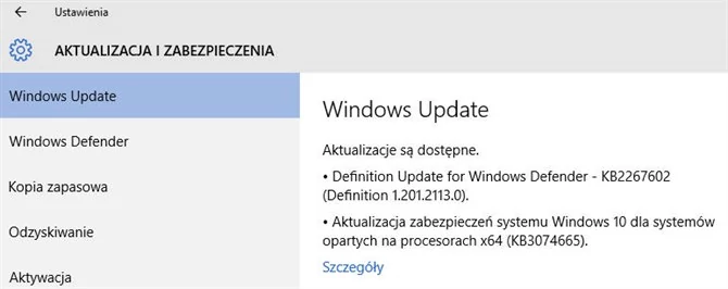 Aktualizacja KB3074665 dostępna jest w Windows Update z Windows 10