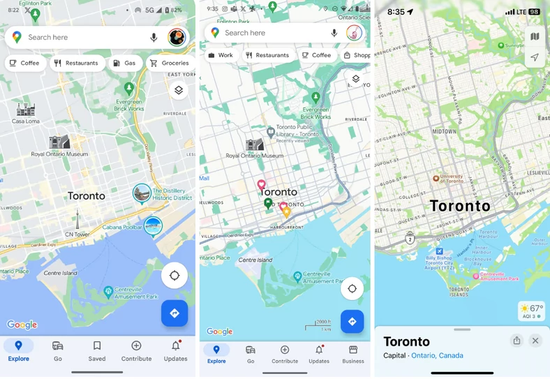 Od lewej — stary widok Map Google, nowy widok w Google Maps, widok z nawigacji Apple