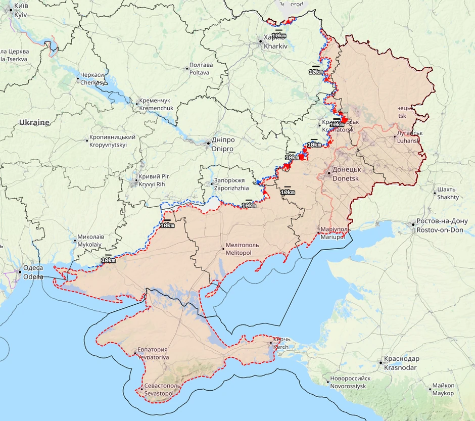 Ako se računa celokupna sada okupirana teritorija, Ukrajina bi izgubila bi površinu koja je 10 i po puta veća od Kosova