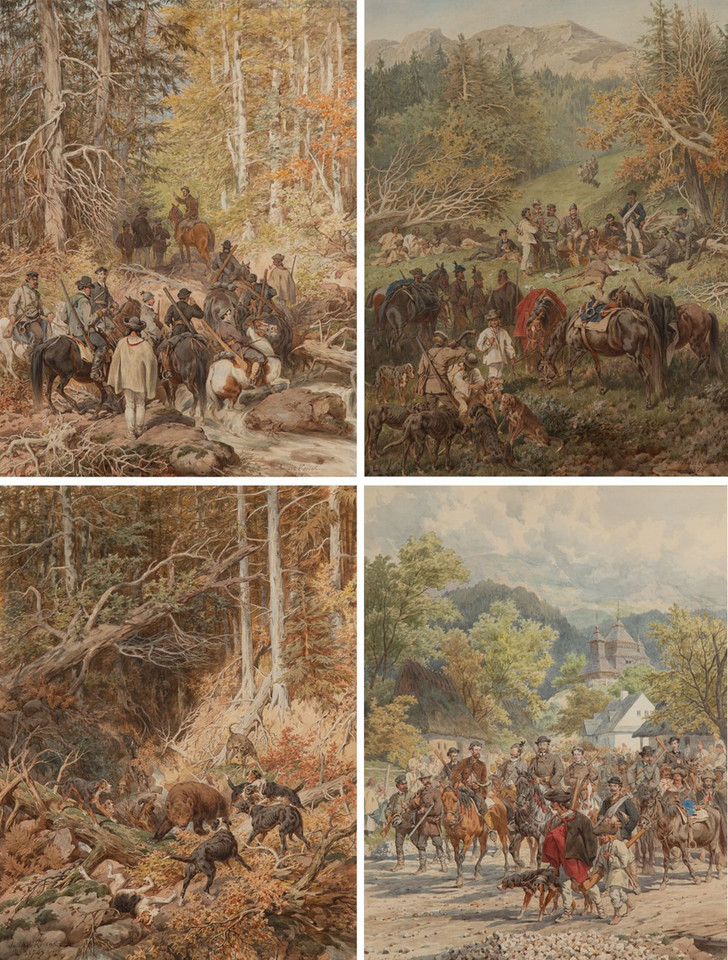 Juliusz Kossak - cykl czterech akwarel "Polowanie na niedźwiedzia (Scena z polowania na niedźwiedzie w Użoku)" (1874). Estymacja: 1,4-2 mln zł