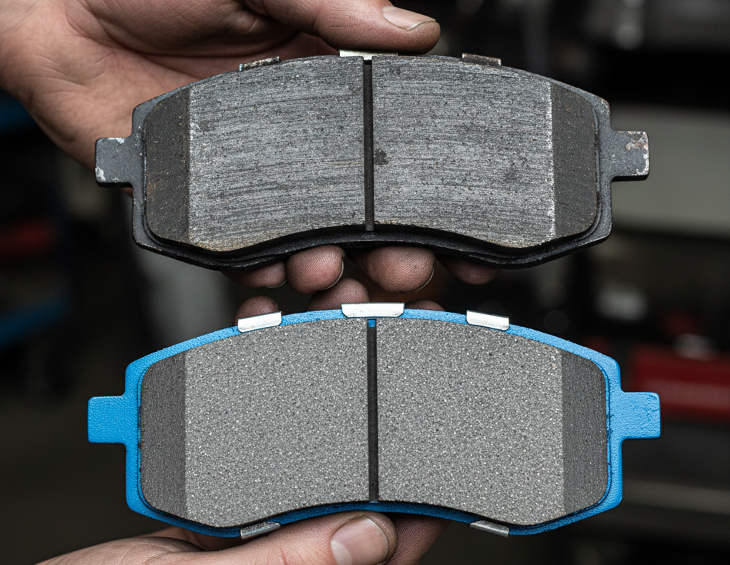 Opotrebované brzdové platničky vs. nové. 