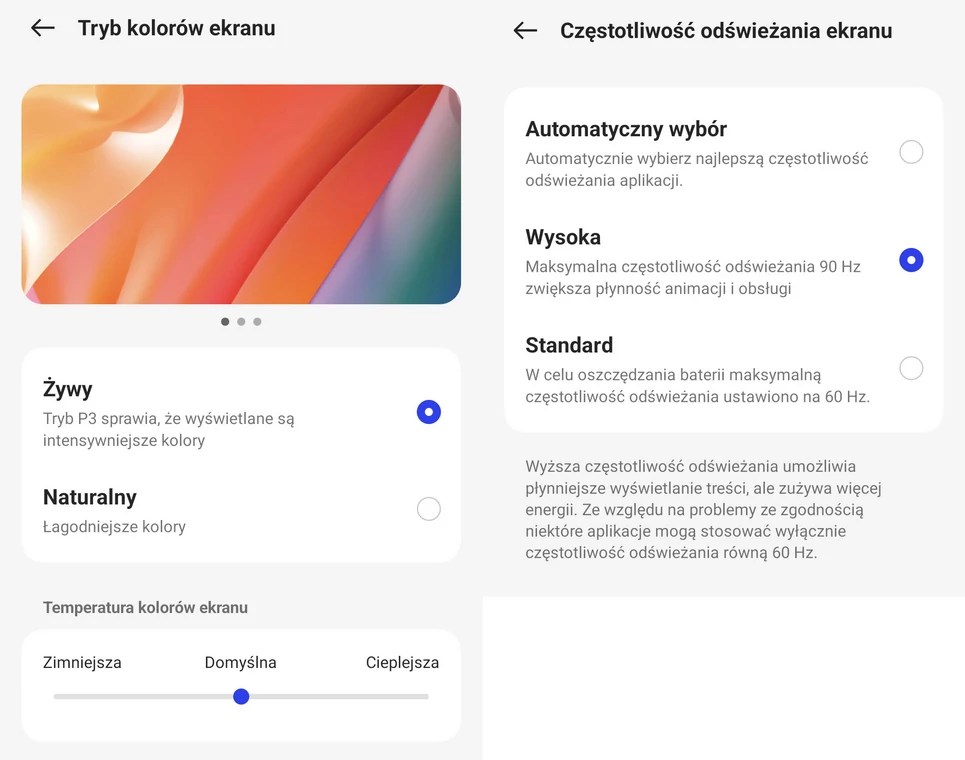 Podstawowe ustawienia kolorów oraz odświeżania obrazu w smartfonie Realme C55