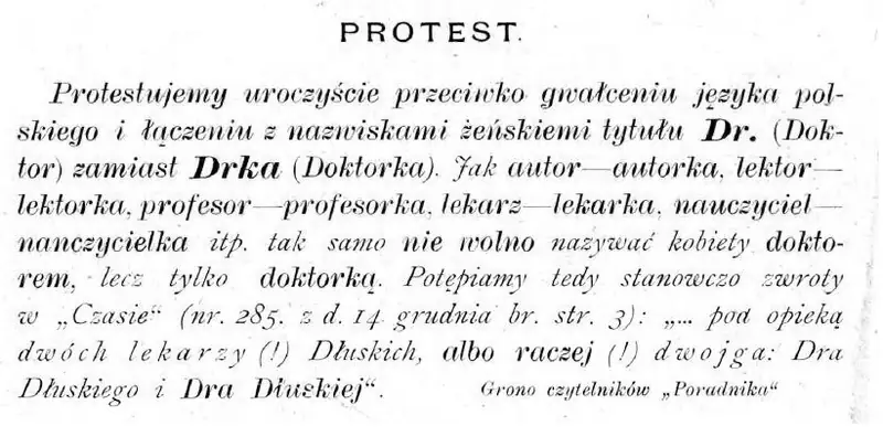 Protest czytelników i czytelniczek „Poradnika Językowego” z roku 1904  źródło: codziennikfeministyczny.pl