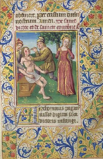 Iluminacja z „Liturgii godzin” (Paryż, ok. 1480) przestawiająca męczenników Wiktora i Koronę. fot. domena publiczna