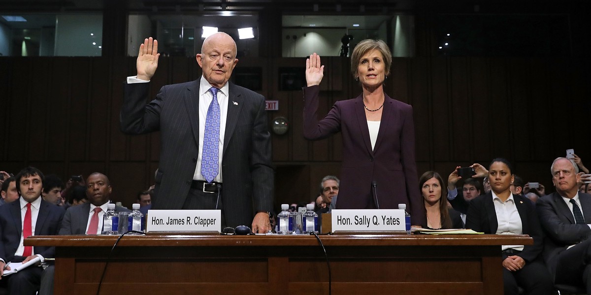 MAY 08: Former Director of National Intelligence James Clapper (L) and former acting U.S. Attorney General Sally Yates are sworn in before testifying to the Senate Judiciary Committee's Subcommittee on Crime and Terrorism in the Hart Senate Office Building on Capitol Hill May 8, 2017 in Washington, DC.