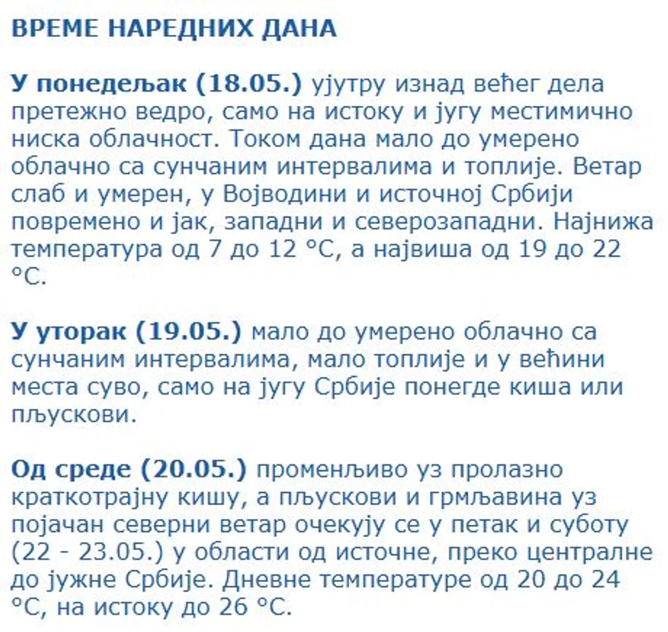 Vremenska prognoza od ponedeljka do petka