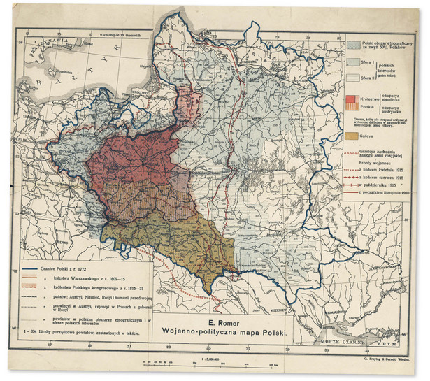 Mapa ziem polskich stworzona przez wybitnego kartografa Eugeniusza Romera ok. 1916 r.