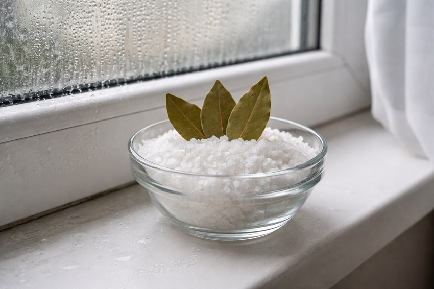 Stakleni činija sa solju i lovorom