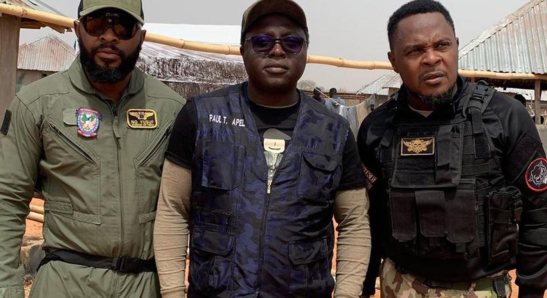 Enyinna Nwigwe, Paul Apel Papel and Femi Jacobs on the set of 'Eagle Wings the Nigerian Air Force Story' [Instagram/Papelfilms]