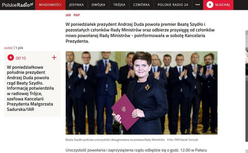 Zrzut ekranu - depesza na stronie polskieradio.pl z przerobionym zdjęciem PAP