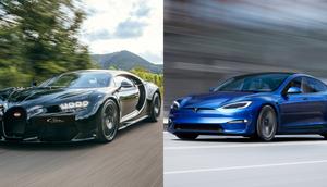 Both the Tesla and the Bugatti offer massive amounts of horsepower and speed — but one is gas-powered and one is electric. Bugatti, Tesla